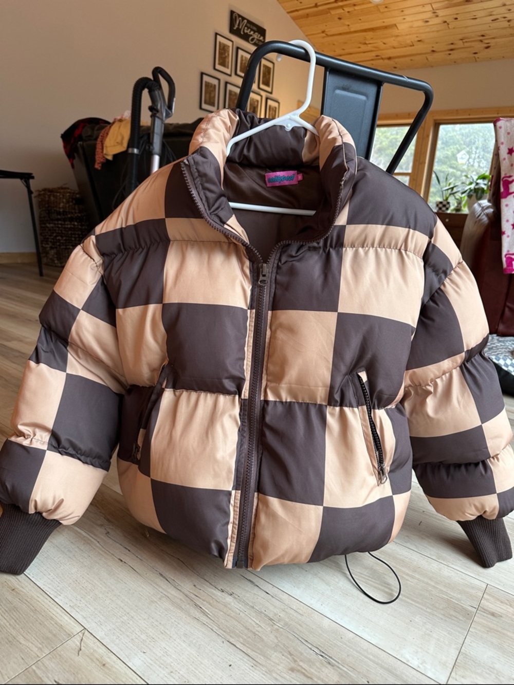 Edikted Brown & Tan Checker Puffer Jacket